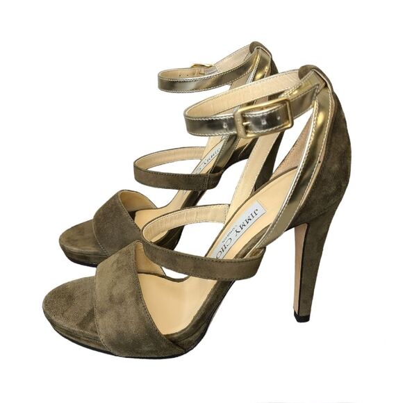 Jimmy Choo Green Suede Sandals Strappy Metallic Ankle Strap Platform Heels 36.5 - Picture 2 of 16